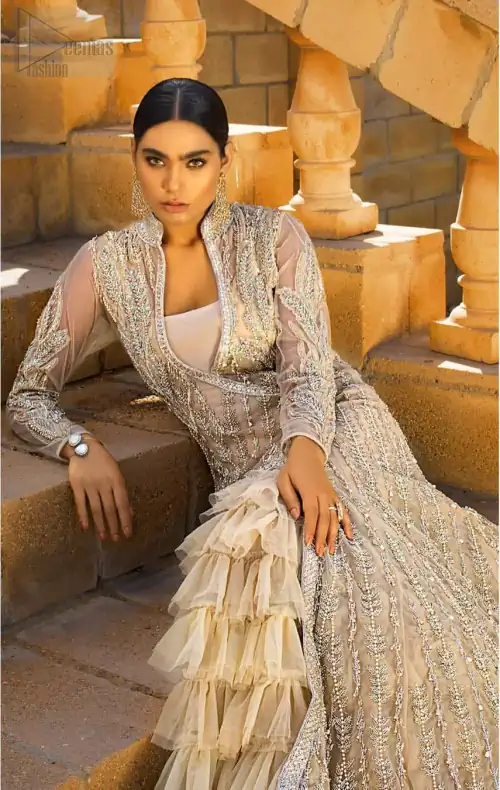 A fusion of traditional and latest fashion making the outfit trendy and unique. This angrakha style floor length maxi is