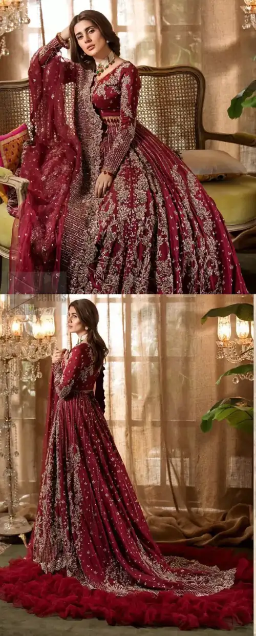 Make your big day more beautiful with our excessively embroidered lehenga blouse featuring delicately embellished back train along with scalloped