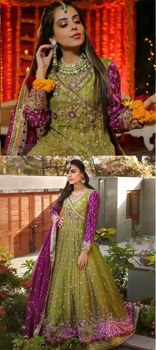 Nothing speaks of femininity and class louder than this mehndi outfits for bridesmaids. The sequinned whimsical florals embroidered across the