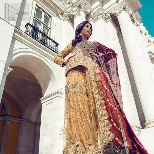 Picturing your bridal in a glowing fawn color. Featuring beautiful handwork, this outfit has a delicate arrangement of hand embellished