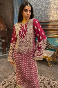 The new season is all about making a statement. An sensational affair so timeless and magnificent, beautifully crafted in hues of golden. Embellishd bodice with zardozi work and bell sleeves adorned with tassels finishing make the outfit more beautiful. Balance the look with bottle green palazzo pants highlighted with embroidered borders at the bottom and red organza dupatta with sequins spray all over. Craftmanship and skills you've never witnessed before.