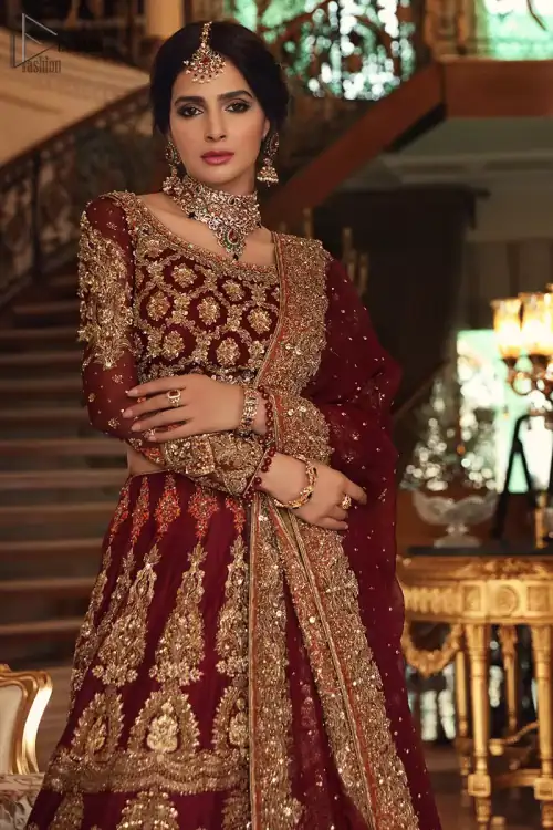 Maroon Blouse n High Rise Lehenga - Appliqued Dupatta