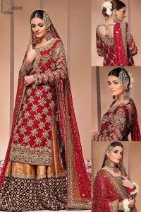 This style-savvy bride totally pulled off our classic bridal wear with an unmatchable grace and giving major bridal goals. The lehenga colour is the perfect feminine and delicate shade with its meticulously crafted fabrication with geometrically embellished border filled with gorgeous tiny floral motifs in it. The shirt is beautifully ornamented with geometrically arranged motifs and intricate details at the bottom. The zardozi embroidery is done in the shade of tan. Pair it up with maroon organza dupatta adorned with sterling sequences and four-sided embellished borders to give it a regal look.
