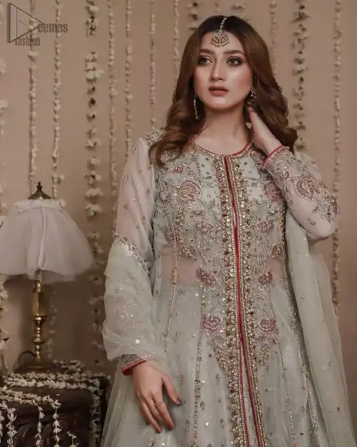 Mint Green Front Open Gown - Banarsi Lehenga