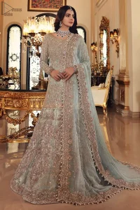 This colour is the perfect feminine and delicate shade with its meticulously crafted fabrication with the flow of organza dusted with pearls to the richness of the shirt and dupatta pallu bordered with gorgeous embroideries. Adorned with sterling sequences and silver and crystal hand embellishments, its a classic modern masterpiece. Lehenga is emphasized with two layers of fabrics, the inner layer is of banarsi and the upper layer is fully embellished with zardozi work. Embroidery is done in the shades of antique and silver. The outfit is complemented with a mint green dupatta with chann all over and finishing with handwork borders all around the edges.