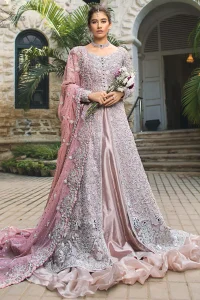 Intricate details, flamboyant silhouettes and mastery of colour are what makes this dress stand out from the rest. This is one of the elegant pieces that are sure to stay in your heart. Unique craftsmanship and detailed embellishments bring heavenly hued gossamer fabrics to life. The gown is beautifully sculptured with floral embroidery, adorned with intricately embellished borders with silver kora, Dabka, pearl and sequins work all over. Pair it up with a pink inner maxi and ruffled sharara gives the perfect ending to the outfit. The dupatta incorporates beautifully designed borders on all four sides, focusing on the heavily embellished pallu borders to give it a perfect maharani look.