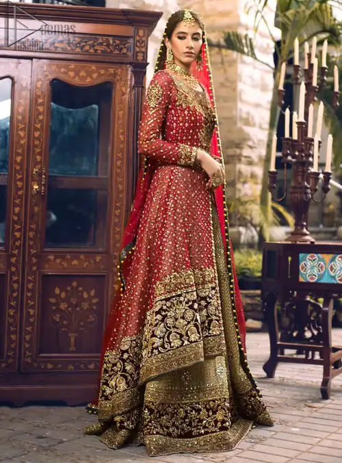 Red Back Train Shirt - Golden Lehenga
