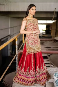 Red Off Shoulder Short Shirt - Chatta Patti Sharara n Dupatta