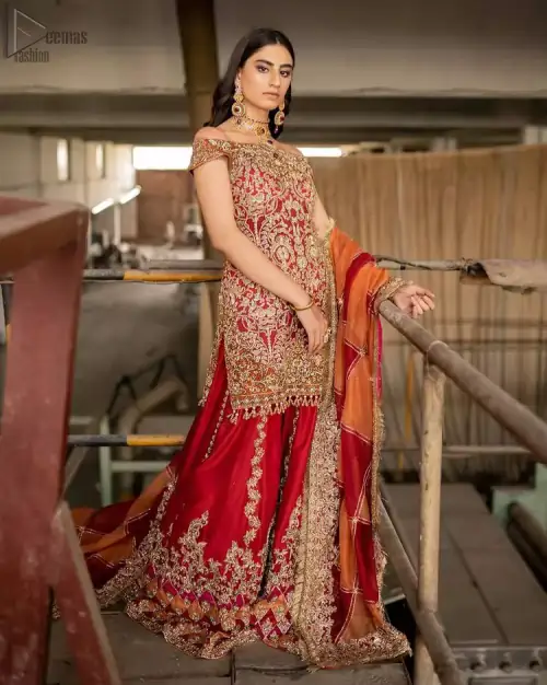 Red Off Shoulder Short Shirt - Chatta Patti Sharara n Dupatta