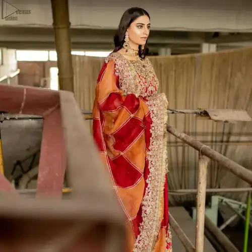 Red Off Shoulder Short Shirt - Chatta Patti Sharara n Dupatta