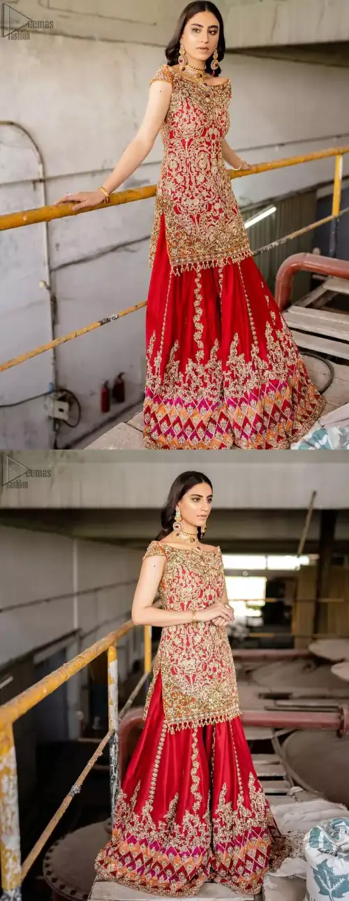 Red Off Shoulder Short Shirt - Chatta Patti Sharara n Dupatta