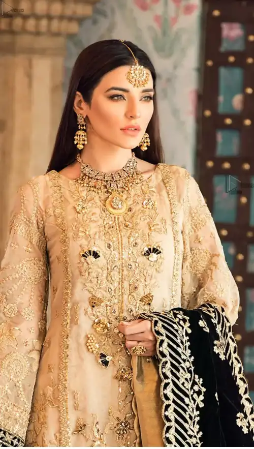 The beige pure organza shirt has been appliqued with black velvet on cuffs and on the hemline. This straight shirt