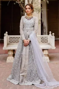 Light Gray Front Open Nikah Wear Maxi and Pure Katan Banarsi Jamawar Lehenga