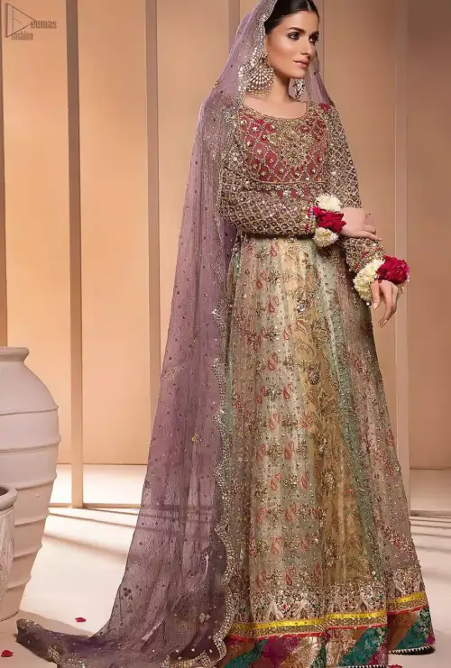 Copper Rust Bodice Multiple Panel Frock - Light Purple Dupatta