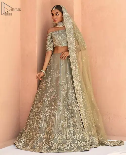 When extreme beauty is your identity, the Olive Green Off Shoulder Blouse Lehenga makes sure it boosts your gorgeousness with