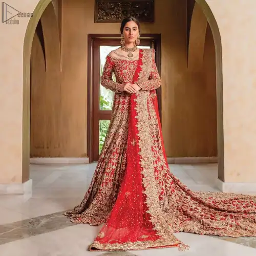 Red Off Shoulder Blouse - Back Train Lehenga n Dupatta for wedding