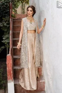 Pakistani Party Dress - Beige Open Shirt n Blouse - Palazzo Pants. This sleeveless blouse follows an open front, lined beautifully with geometric patterns.