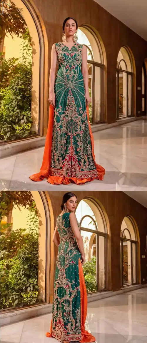 Bottle Green Front Open Shirt – Orange Sharara