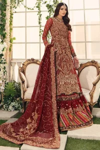 Bridal Wear Maroon Shirt n Dupatta – Chatta Patti Gharara. Framed in a Beautiful Shirt and Dupatta both in the same Maroon colour along Chatta Patti Lehenga is One To Wear. Multicolour copper embroidery on Shirt and Lehenga is fully embellishing with Appliques, Sequins, Tilla and Dabka work. Plus on Duppata too of Organza fabric same as that of Shirt and Lehenga which is fully sprayed with sequins and Tilla work. Along with finished edges and fixed waist belt with side zip closure. The shirt is with a round neckline and full Sleeves which are in full length; too completely engraved with embroidery plus floral motifs on Dupatta increasing the whole gorgeousness.
