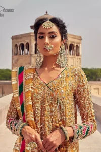 Latest Mehndi Wear - Mustard Angrakha Frock - Chatta Patti Dupatta. Presenting the Mustard Angrakha Frock, a charming Mehndi wear that will enhance your stunning personality to a whole new level.