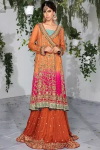 Orange Pink Angrakha Sharara – Purple Dupatta