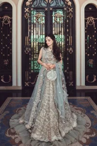 Delicately crafted, personifying elegance with an element of grandiose, Nikah Wear - Pastel Blue Lehenga Blouse.