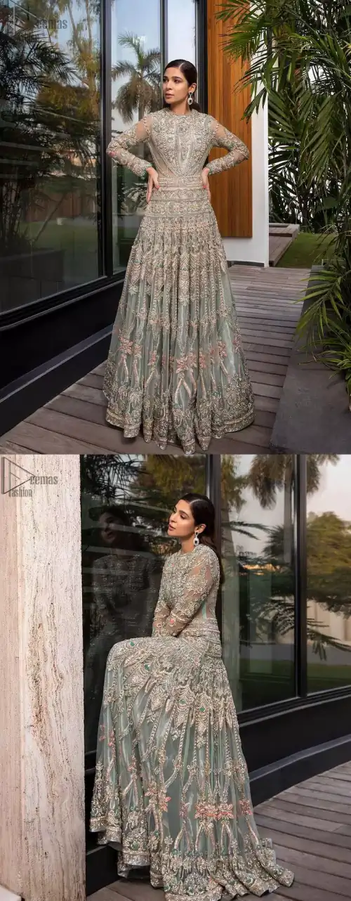 Pastel Green Large Flared Anarkali - Pakistani Wedding Gown. The bottom part of this amazing outfit comprises a lehenga with