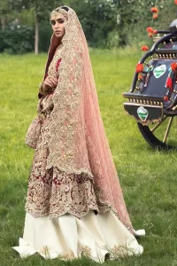 Red Front Open Gown – Ivory Lehenga