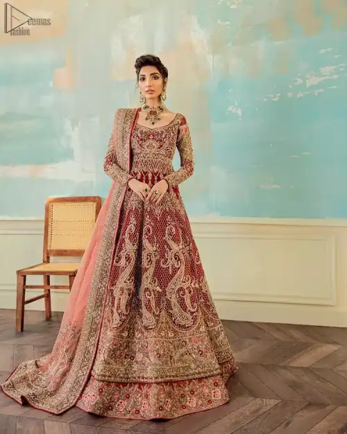 Red Lehenga Pishwas – Tea Rose Dupatta