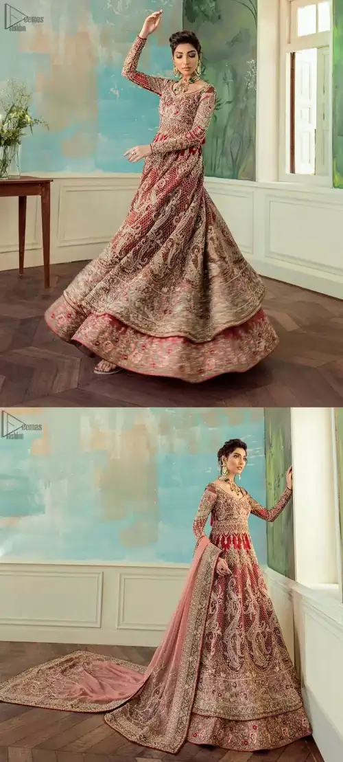 Red Lehenga Pishwas – Tea Rose Dupatta