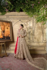 Our designers made sure its splendid round neckline looks utterly gorgeous with a fine adornment of tassels, pearls and criss-cross patterns.