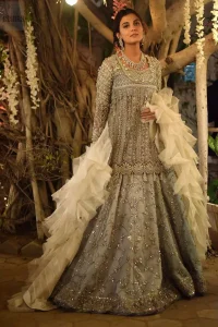 Grey Lehenga Peplum – Ivory Ruffled Dupatta for Nikah