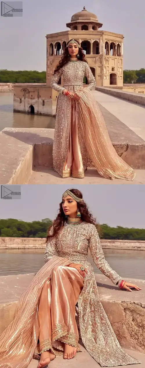 the dress with a tissue dupatta and graceful palazzo pants makes you the center of attention on your big day. Peach