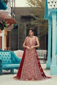 A marvellous back train, an elegant can-can style, styled with a ravishing criss-cross pattern and decorated with floral motifs. Red Center Panel Back Train Maxi n Dupatta.