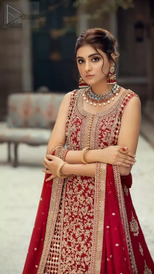 A marvellous back train, an elegant can-can style, styled with a ravishing criss-cross pattern and decorated with floral motifs. Red