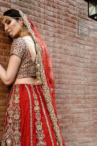 On your perfect day, let all admire your elegance with Red Ruffled Back Train Lehenga Blouse. A red half-sleeved traditional Blouse Choli that is exceptionally made with pure organza. Red Ruffled Back Train Lehenga Blouse – Dupatta.