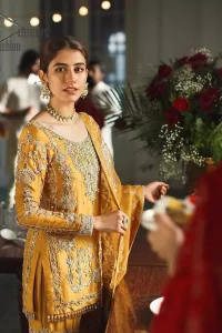 As we seek outside the wonders we carry inside us. So, to attain that wonders Demaas Fashion introduces Mustard short shirt and Sharara. A Short shirt featuring a stunning front, full sleeves, and remarkable embroidery on a round neckline, initiates the attractiveness of this dress. Further, the apparel displays light golden embroidery that brightens up its victorious look. Finish this look with an organza dupatta with an embellished border that increases the beauty of this outfit. Sharara is emphasized with intricate embroidery on the border and scattered floral motifs.