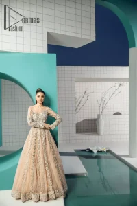 Unleashing your inner evocation of feeling about love and imagination. The Beige scalloped maxi is attractively adorned with silver embroidery which is the true depiction of the origination of art. It is highlighted with kora, dabka, tilla and pearls to show the uniqueness of the outfit. Furthermore, it is organized with boat shape neckline and full sleeves to grant the feeling of imagination. Pair up with a fluffy lehenga to enhance the fairy and dreamy look of you on your walima day. 