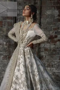 Back train is a dreamy silhouette designed to highlight you like the dazzling jewel on your walima day. The back train of ivory white maxi is beautifully embellished with silver and golden embroidery which includes kora, dabka, and sequins work. Further, it is prominent with full sleeves and boat shape neckline just to enhance the attractiveness of this ivory white maxi. It is paired up with the same colour dupatta that is adorned with a four-sided embellished border and combined with sequins spray all over just to complete your dreamy look on your Walima. 
