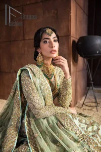 She was a dreamer, and so are we. A pistachio green front open short frock serves as a canvas for gold and pistachio green work with the magic of tilla, dabka, semi-precious stones and pearls. The V shape neckline is highlighted with full sleeves to add a galaxy in eyes of every bride. In addition to this, it is organized with the same colour fluffy lehenga which is again adorned with heavy golden embroidery to express the love of the bride on her walima day. Finish this outfit with the same colour dupatta which is embellished with four-sided borders and sequins sprayed all over.  