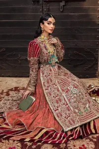 Look in my eyes, look how they shine for you and everything you do. DeemasFashion presents a very traditional outfit for the brides to wear the article on their Big Day. The traditional red long shirt is hand-rendered in silver and is enhanced with Resham, tilla, pearls, Sitara and naqshi. The V shape neckline and full sleeves added some magic and a dramatic look to the bride. Further, it is prominent with a blue heavy floral motif that is placed at the centre. The long shirt is organized with crushed share that truly defines the love and laughter of a bride. 