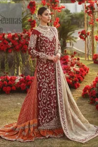 She's headstrong and rebellious, determined to divert the pacts of tradition on her Big day. Presenting a Red long shirt of DeemasFashion which is attractively ornamented with silver embroidery which involves kora, dabka, and zardozi work. It is especially highlighted with full sleeves which enhance the charmless of the article when combine with boat shape neckline. Pair up with an orange back train lehenga which is made up of pure jamawar that gives a super aesthetic and traditional look to every bride. End up this lovely look with a light golden dupatta which is embellished with a four-sided border just to fulfil the traditional gentle look. 