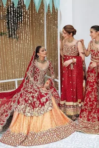 The majestic red signs a melody just for you. The handsome scalloped frock is made in the richest shade of red and specially adorned with dabka, gotta, tilla and the real magic of sequins.  It is prominent with full sleeves and the V shape neckline to introduce the bride as the shining star of the show. It is paired up with a rust lehenga to balance the article. Complete this red article with a dupatta in the same colour which is embellished with four-sided scalloped borders and floral motifs is spread all around to give you the sign of melody on your Big Day.
