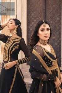 Black is just associated with a romantic evening. To make your event super dazzling and take a title of the start of the night so just go with our black can-can maxi. The body of the maxi is finished with golden embroidery which embraces golden tilla, dabka, kora and zardozi work. The full sleeves of the maxi added an astonishing vibe when paired up with the V shape neckline. Furthermore, the bottom line of the maxi is again embellished with heavy golden work. It is organized with a black dupatta which is embellished with four-sided borders and sequins sprayed all over.
