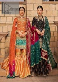 The perfect combination of crazy black with ever so classic green. Stunningly embrace you with a black shirt which is beautifully decorated with golden embroidery so you can wear it at any night and day dazzling event. It involves kora, dabka and Kundan work to escalate the beauty of the outfit. Further, the boat shape neckline amplifies the point of view when together with full sleeves. It is coordinated with black gharara that is enhanced with floral motifs all over. Finish this article with a green dupatta that is adorned with sequins sprayed all over. You can also carry a chaddar of green colour with this outfit.