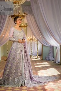 Bold instruments on a bright canvas make a true fashion statement. Introducing a lilac outfit for your Walima day to boost up your day. The front open gown in lilac colour looks as amazing as any bride's dream. It is encapsulated with silver embroidery which contains crystal, tilla, dabka, kora and sequins spray all over. In addition to this, it is highlighted with a sweetheart neckline to enhance the beauty of the gown when combined with full sleeves. It is systemized with silver barcode sharara finished with silver border embroidery that enhances the look of the bride during the day as well as night events. Complete this lilac article with a dupatta which is ornamented with four-sided borders and sequins sprayed all over. 