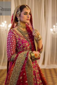 Do you also want to give you a look of the traditional brides on your Mehandi? Make your moment memorable being a queen in our magenta front open shirt with intricately embroidered neckline and embellished with delicate kora, dabka, tilla work all over. A green border of the shirt gives the perfect look to the outfit. It is organized with a red back train jamawar lehenga to give you the look of such a traditional bride. Complete this outfit with a red dupatta which is laboriously adorned with a four-sided border and ting floral motifs all over to give you such a super traditional Mehandi bride vibe.