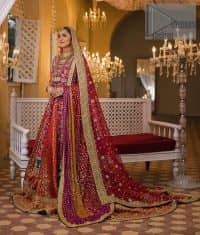 Do you also want to give you a look of the traditional brides on your Mehandi? Make your moment memorable being a queen in our magenta front open shirt with intricately embroidered neckline and embellished with delicate kora, dabka, tilla work all over. A green border of the shirt gives the perfect look to the outfit. It is organized with a red back train jamawar lehenga to give you the look of such a traditional bride. Complete this outfit with a red dupatta which is laboriously adorned with a four-sided border and ting floral motifs all over to give you such a super traditional Mehandi bride vibe.