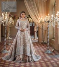 Amplify your style on your Walima day in this stunning light color. DeemasFashion presents the super handsome rose gold outfit for you. First of all, which includes back train maxi in the rose gold colour. It is prominent with the silver embroidery that is encrusted with pearls, silver crystals, kora, dabka and sequins all over highlighting floral patterns. Further, it is emphasized with boat shape neckline and full sleeves that increase the opulent statement of the outfit. It is organized with rose gold sharara which is also embellished with heavy silver embroidery to make your day super dazzling. Finish this look with the rose gold dupatta that is accentuated with sequins and booti spray all over and adorned with a four-sided matha Patti border. 
