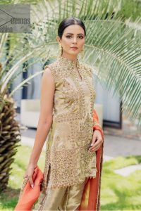 Envelop yourself into a dazzling love affair. The unique article in ivory colour just highlighted you at any event. The short shirt of the article is handsomely decorated with golden embroidery which includes kora, dabka, tilla, Kundan and Sitara work to make your event blazing and dazzling.  It is enhanced with a collared neckline to make this outfit more formal when come with a sleeveless style. Further, it is coordinated with pant which is embellished with golden embroidery. Last but not least piece the dupatta comes in rust colour having four-sided embellished borders to encapsulate you in stars.